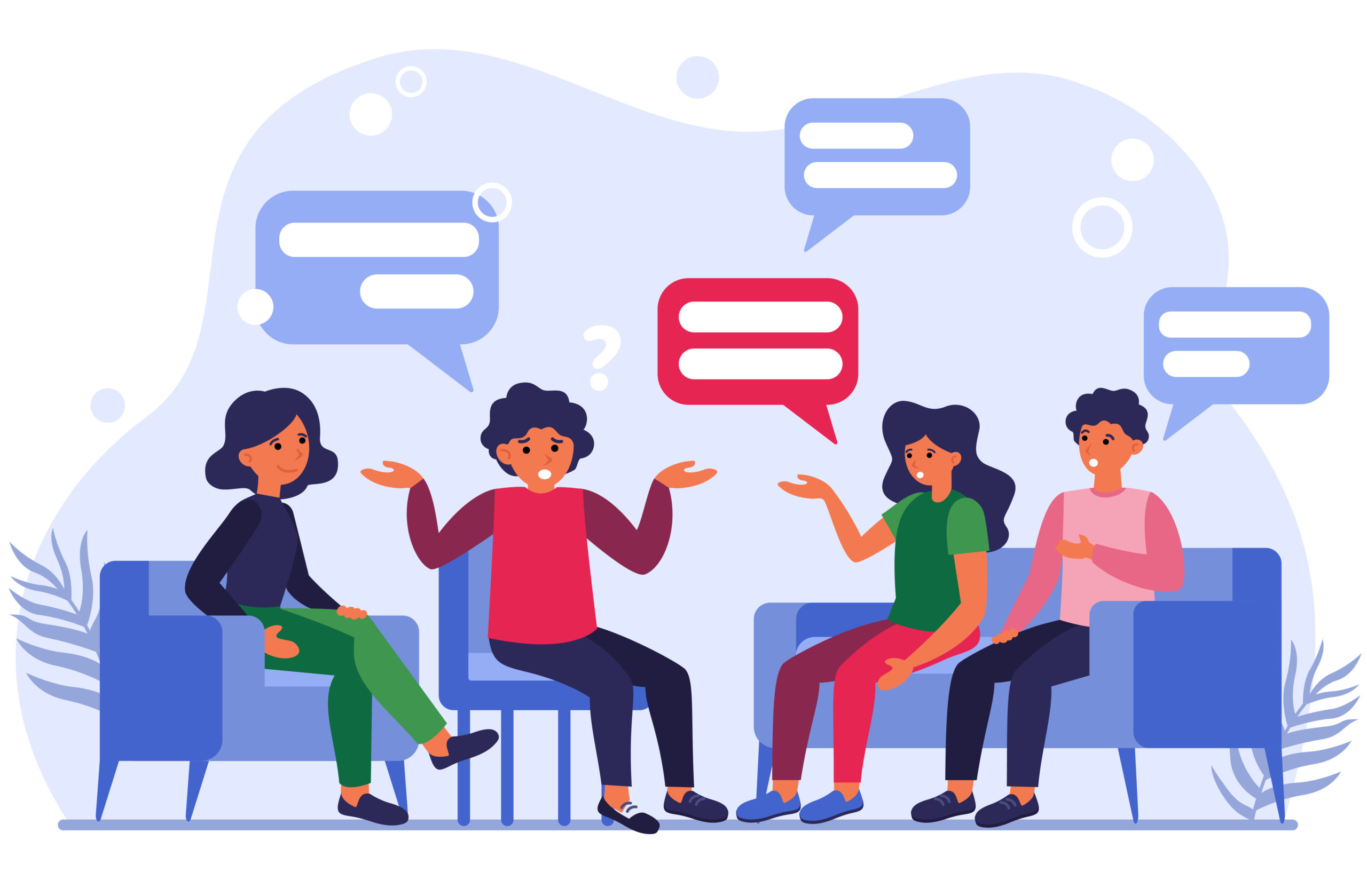 Group therapy flat vector illustration. Men and women in psychologist session talking about problems. Medical support and addiction and psychotherapy concept