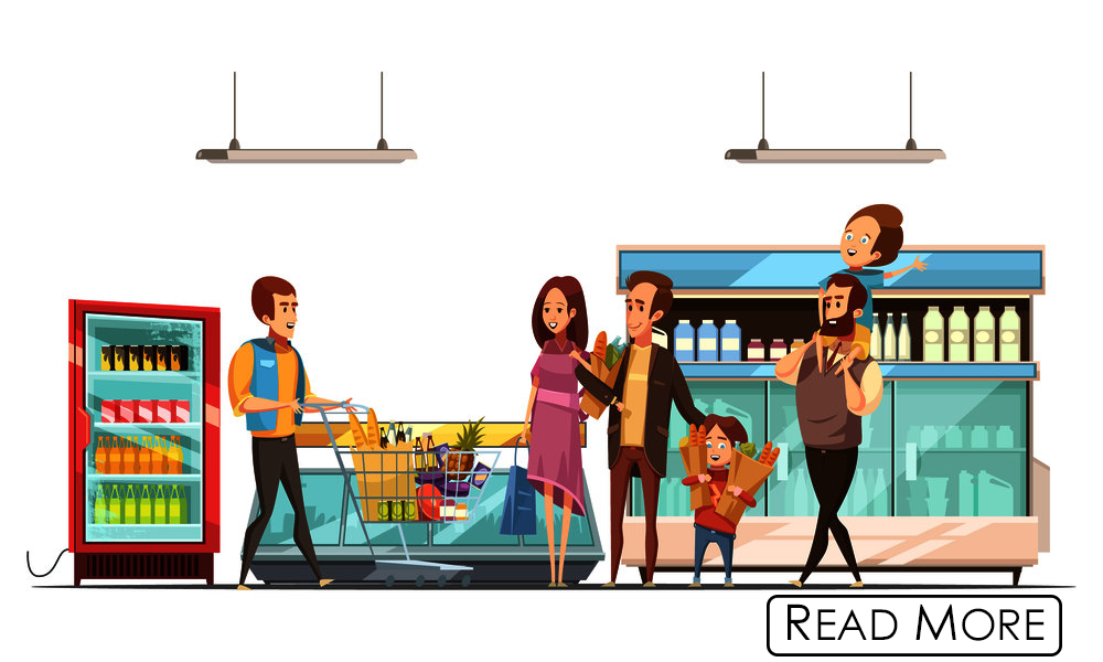 Fatherhood household work grocery shopping for family with kids in supermarket retro cartoon poster vector illustration